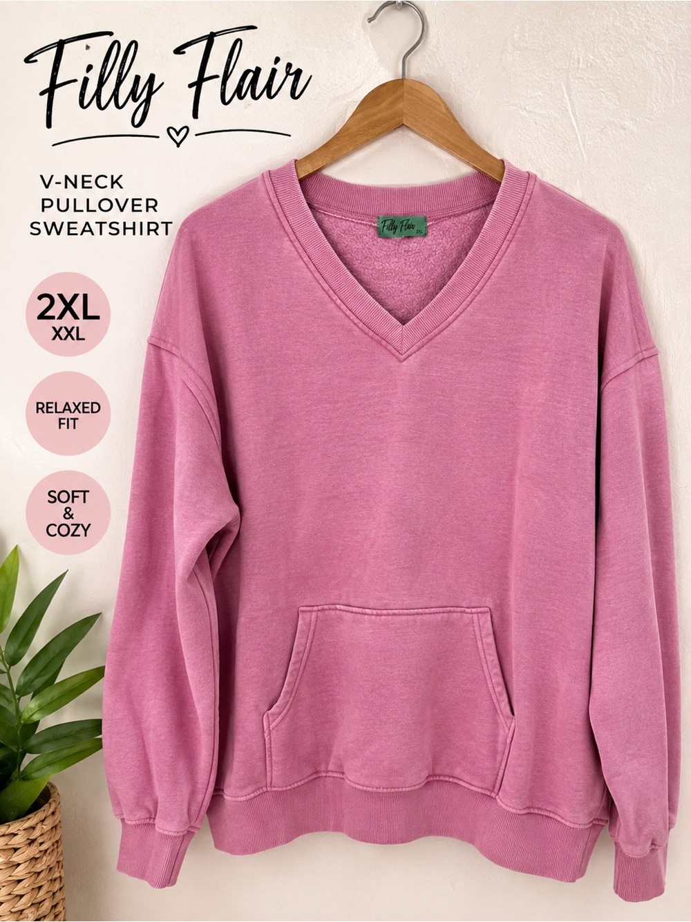 Filly Flair Pink V-Neck Oversized Pocket Sweatshirt – 2XL